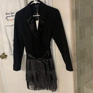 NWT Cien Black Rock & Roll Long Torso Belted Jacket Dress Silver Stud Fringes